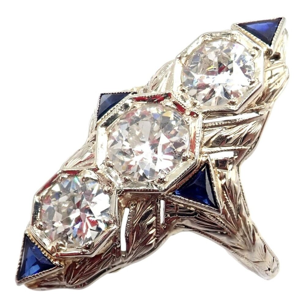 Vintage Estate 20k White Gold Diamond 2ctw Sapphire Art Deco Ring sz 7
